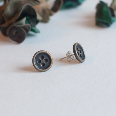 Vintage button post back earrings, black stud earrings, brown earrings, er0818 - Thumbnail 1