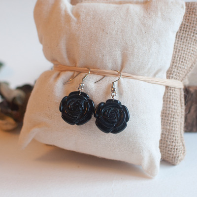 Black onyx rose flower drop earrings, black chandelier earrings, birthstone earrings, er0819 - Thumbnail 2