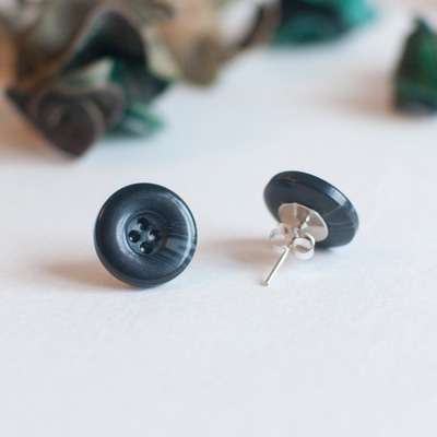 Black vintage button post back earrings, back stud earrings, antique earrings, er0820 