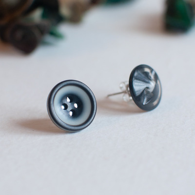 Unique vintage button stud post back earrings, black stud earrings, post back closure, er0821  - Thumbnail 2