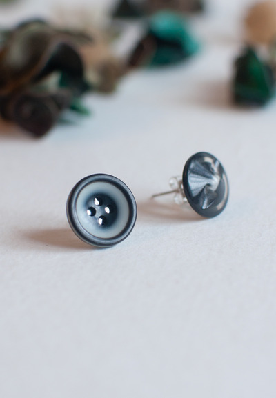 Unique Vintage Button Stud Post Back Earrings, Black Stud Earrings, Post Back Closure, ER0821 