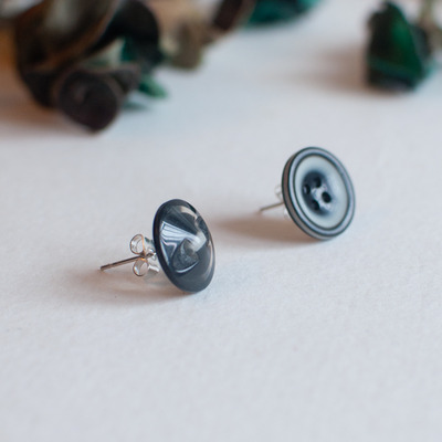 Unique vintage button stud post back earrings, black stud earrings, post back closure, er0821 