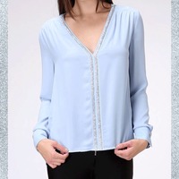 Light Blue Beaded Blouse - Thumbnail 1