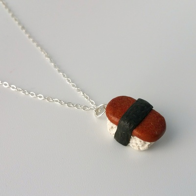 Kawaii cute miniature food necklaces - spam musubi with sterling silver chain