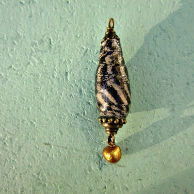 Handmade salvaged fabric bead pendant with pearl: adinkra