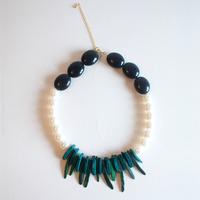 Vintage Black & White Green Wooden Long Beaded Necklace NL0688 - Thumbnail 2