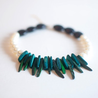 Vintage Black & White Green Wooden Long Beaded Necklace NL0688 - Thumbnail 3