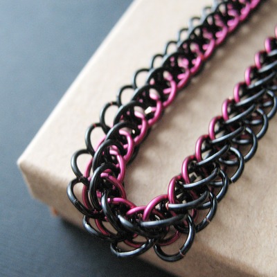 Chainmaille bracelet marsala red and black half persian chain link jewelry for women