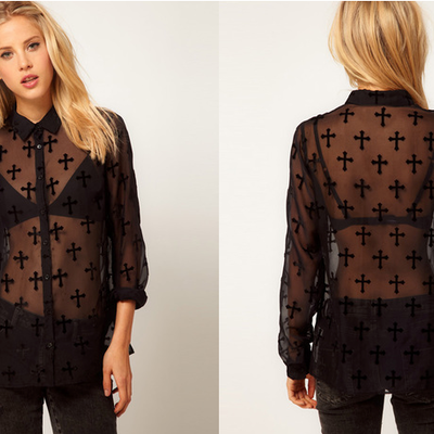 Black see through cross print blouse  - Thumbnail 2