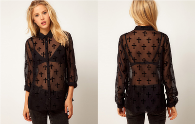 Black See Through Cross Print Blouse 