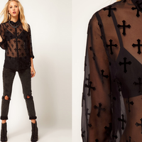 Black See Through Cross Print Blouse  - Thumbnail 1