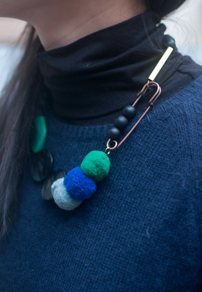Felted Large Safety Pin Grey Green Blue Balls Necklace, Ribbon Necklace DIY, Craft Ideas With Felt Necklace, NL0766