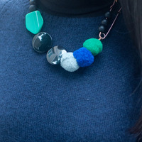 Felted Large Safety Pin Grey Green Blue Balls Necklace, Ribbon Necklace DIY, Craft Ideas With Felt Necklace, NL0766 - Thumbnail 4