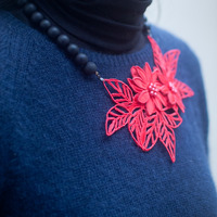 Red Lace Flower Onyx Matte Bead Choker Necklace NL0689RC - Thumbnail 1