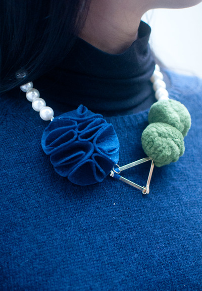 Navy Blue Felt Flower Green Balls Statement Necklace NL0828