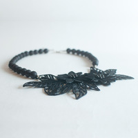 Black Lace Flower Onyx Matte Necklace NL0689BC - Thumbnail 1