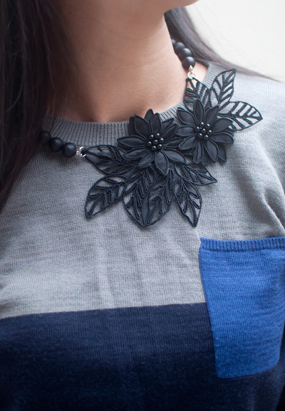 Black Lace Flower Onyx Matte Necklace NL0689BC