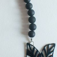 Black Lace Flower Onyx Matte Necklace NL0689BC - Thumbnail 4