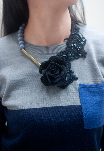 Black Lace Gold Metal Statement Necklace, NL0727