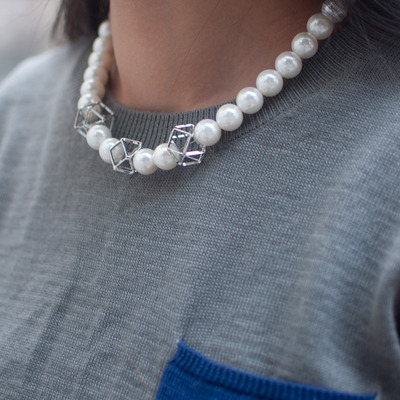 Geometric metal faux pearls collar necklace nl0806