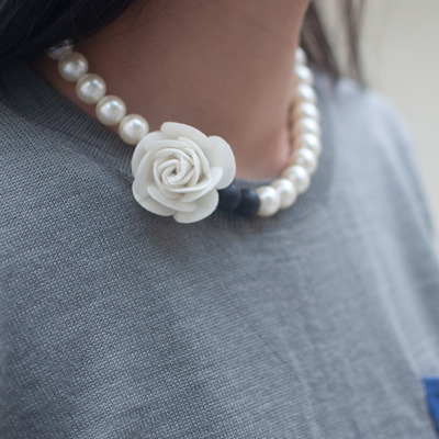 Flower floral black white wedding necklace nl0732w - Thumbnail 5