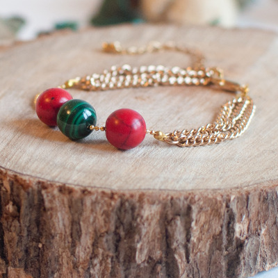 Green malachite beads gold chain bracelet bl0812 - Thumbnail 4