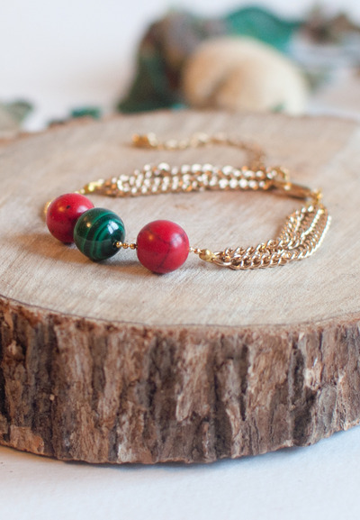 Green Malachite Beads Gold Chain Bracelet BL0812