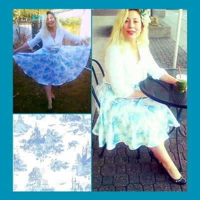 Blue princess satin toile pinup style circle skirt