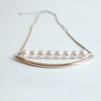Gold Metal Faux Pearl Leather Necklace NL0792 - Thumbnail 2