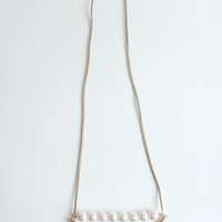 Gold Metal Faux Pearl Leather Necklace NL0792 - Thumbnail 3