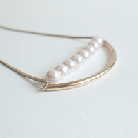 Gold Metal Faux Pearl Leather Necklace NL0792 - Thumbnail 1