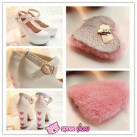 Lolita Hearts Embroidered White Heels with Sweet Pink Fur Platform Shoes SP151691 - Thumbnail 1
