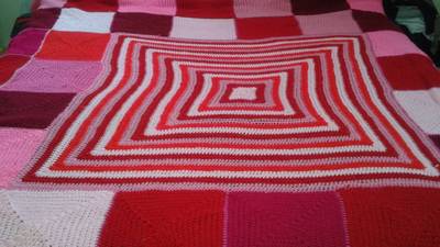 Red and Pink Crochet Square King blanket 