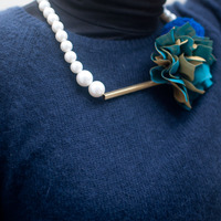 Lace Flower Pearl Metal Necklace NL0854 - Thumbnail 3