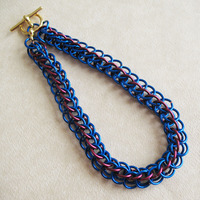 Blue and Red Chainmaille Unisex Bracelet Half Persian Chain Link Jewelry for Men and Women - Thumbnail 1