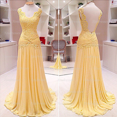 long prom dress, yellow prom dress, elegant prom dress, off shoulder prom dress, formal prom dress, lace prom dress, PD15288