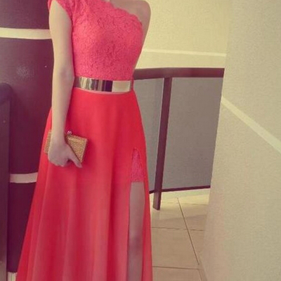 Red prom dress, cheap prom dress, lace prom dress, detachable prom dress, one shoulder prom dress, bd1489