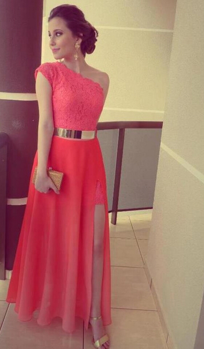 red prom dress, cheap prom dress, lace prom dress, detachable prom dress, one shoulder prom dress, BD1489