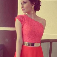red prom dress, cheap prom dress, lace prom dress, detachable prom dress, one shoulder prom dress, BD1489 - Thumbnail 1