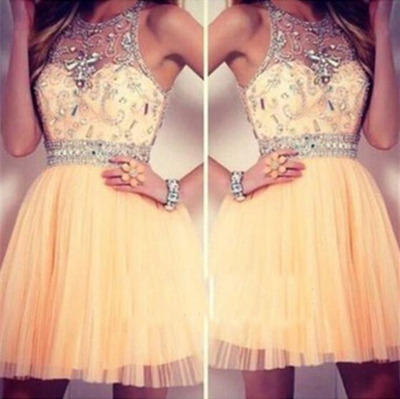 short prom dress, yellow prom dress, tulle prom dress, cute prom dress, pretty prom dress, BD14304