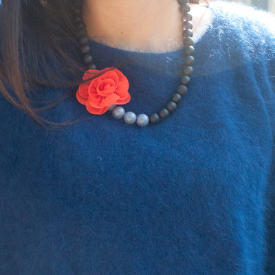 Orange chunky flower lace statement necklace, orange floral fabric bib vintage necklace, bridesmaid peony flowers statement necklace, nl0774 - Thumbnail 5