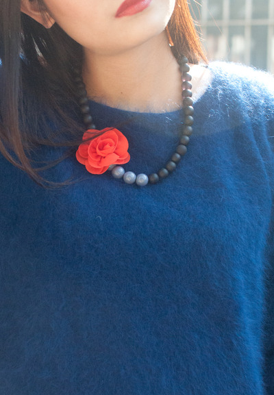 Orange Chunky Flower Lace Statement Necklace, Orange Floral Fabric Bib Vintage Necklace, Bridesmaid Peony Flowers Statement Necklace, NL0774