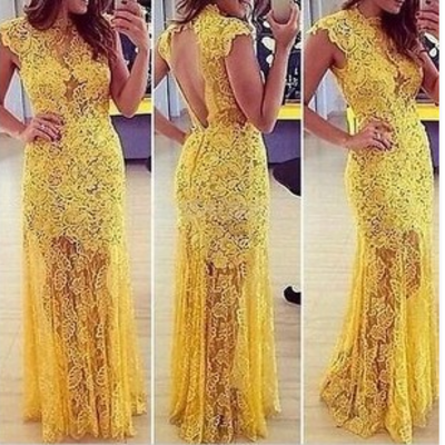 Openwork lace prom dress, sexy prom dress, yellow prom dresses, long prom dress,pd380055