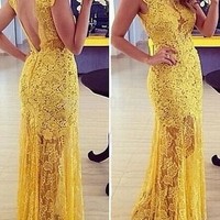 Openwork Lace Prom Dress, Sexy Prom Dress, Yellow Prom dresses, Long prom dress,PD380055 - Thumbnail 1