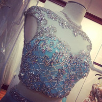 2015 Stylish Fashion Blue Scoop Sheath Two Piece Slipt Long Prom Dresses, Sexy Crystal Long Chiffon Two Piece Prom Dress,Two Piece Prom Dresses - Thumbnail 1