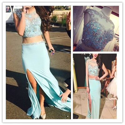 2015 Stylish Fashion Blue Scoop Sheath Two Piece Slipt Long Prom Dresses, Sexy Crystal Long Chiffon Two Piece Prom Dress,Two Piece Prom Dresses