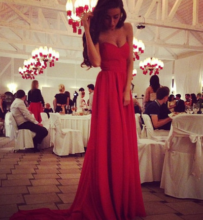 Gorgeous Sweetheart Sweep Train Chiffon Prom Dresses, Red Evening Dresses, Red Prom Dresses, Red Party Dresses,PD20160707