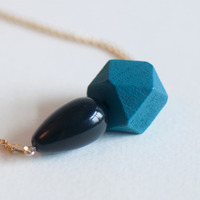 Green Blue Geometric Black Teardrop Wood Plastic Arcylic Beaded Necklace NL0733 - Thumbnail 3