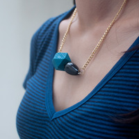 Green Blue Geometric Black Teardrop Wood Plastic Arcylic Beaded Necklace NL0733 - Thumbnail 1