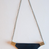 Blue Leather Gold Metal GeometricTriangle Pendant Necklace NL0737 - Thumbnail 1